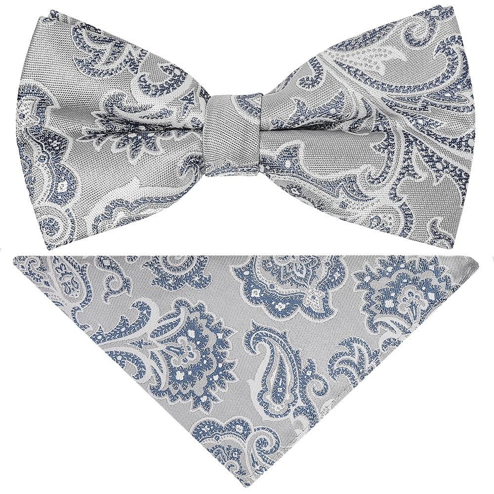 Pre Tied Silver And Blue Paisley Boys Bow Tie And Pocket Square Set Age 4 7 1