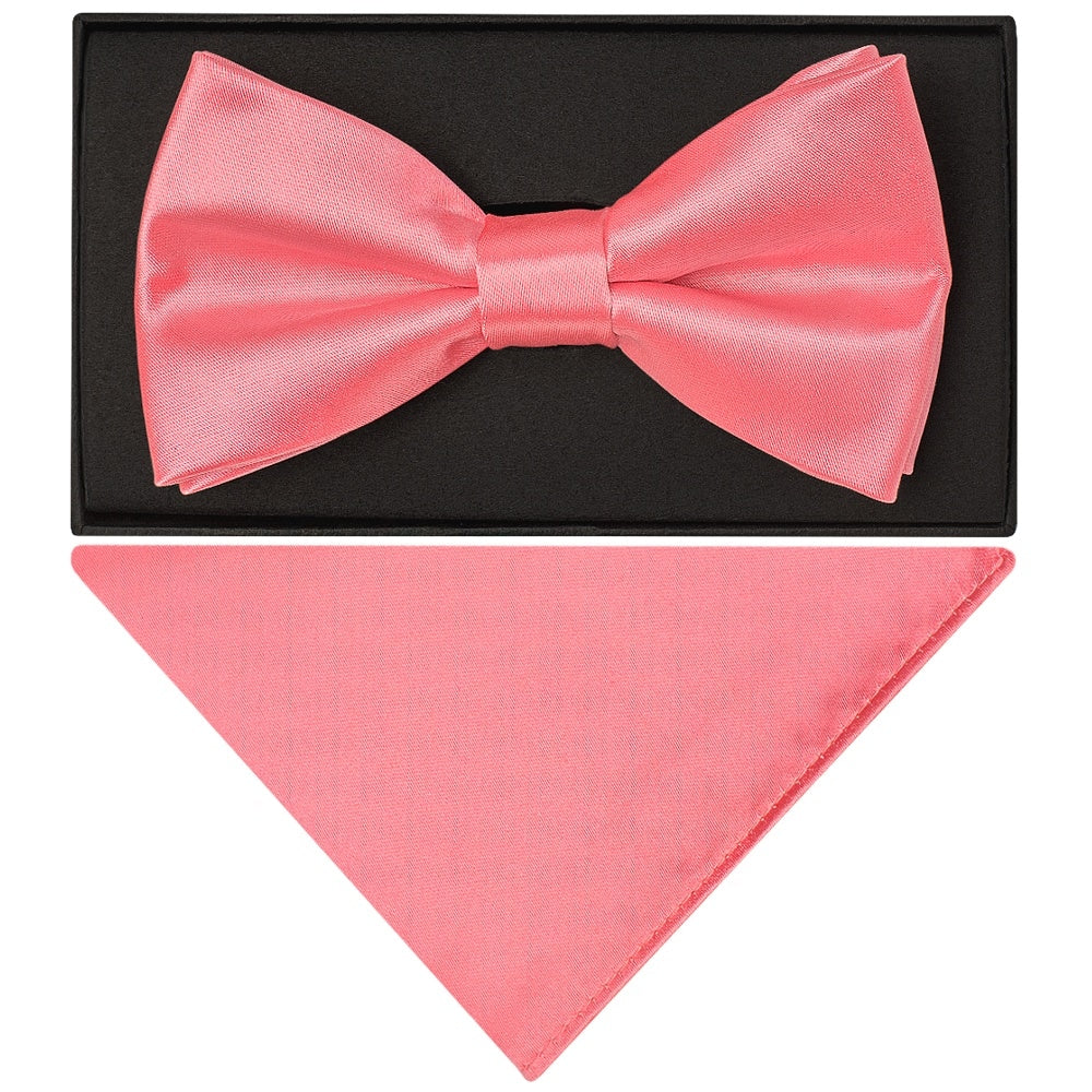 Plain Light Coral Pink Handmade Mens Bow Tie And Pocket Square Set 1