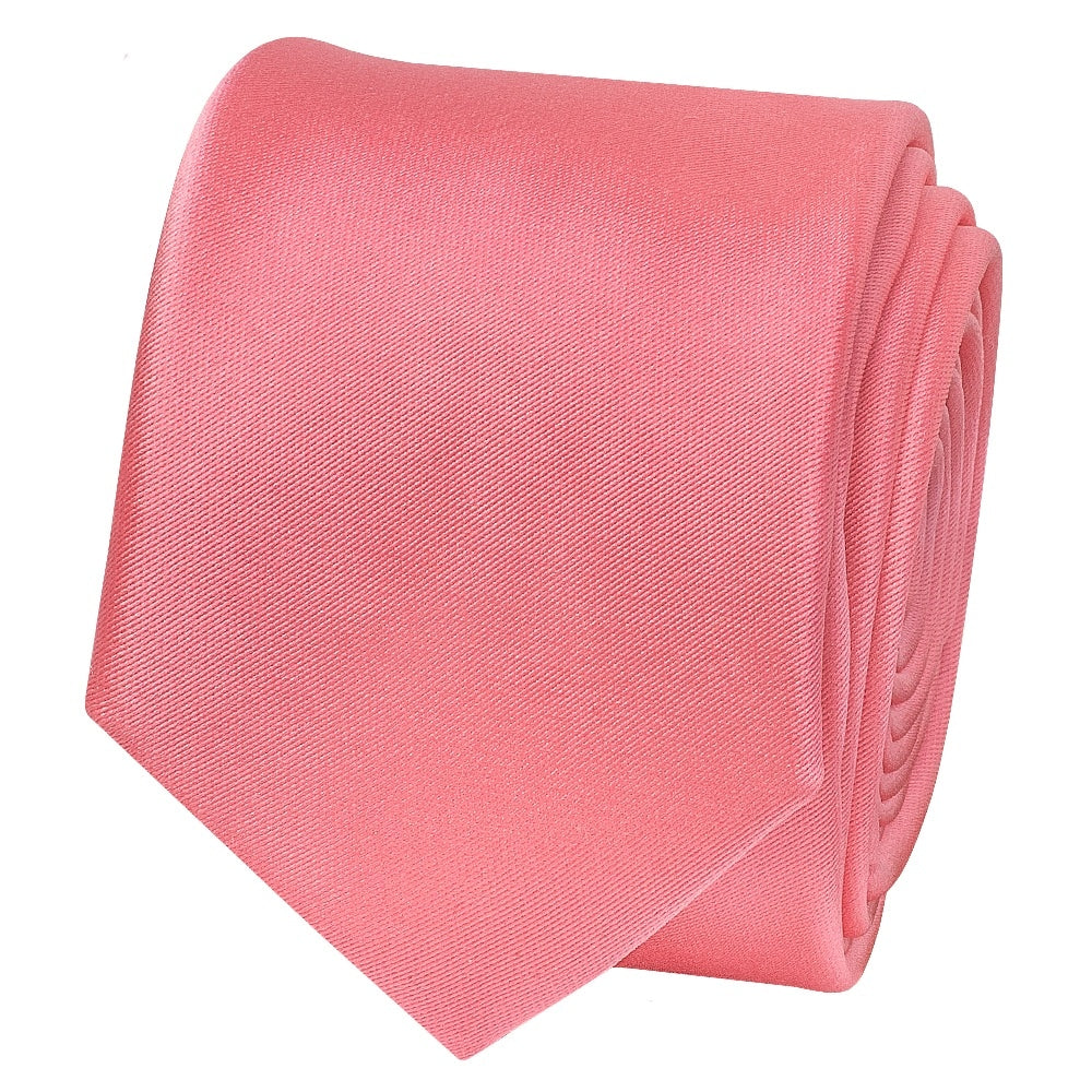 Plain Light Coral Pink Satin Skinny Boys Tie And Pocket Square Set 3