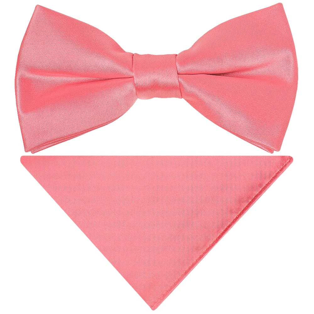 Pre Tied Light Coral Pink Satin Boys Bow Tie And Pocket Square Set Age 4 7 1