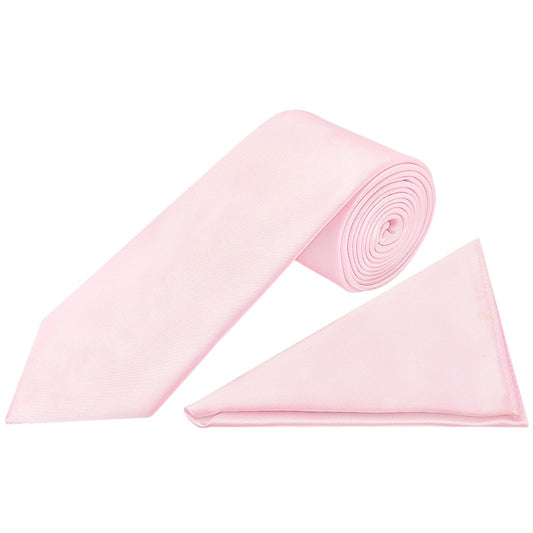 Plain Blush Pink Satin Classic Mens Tie and Pocket Square Set