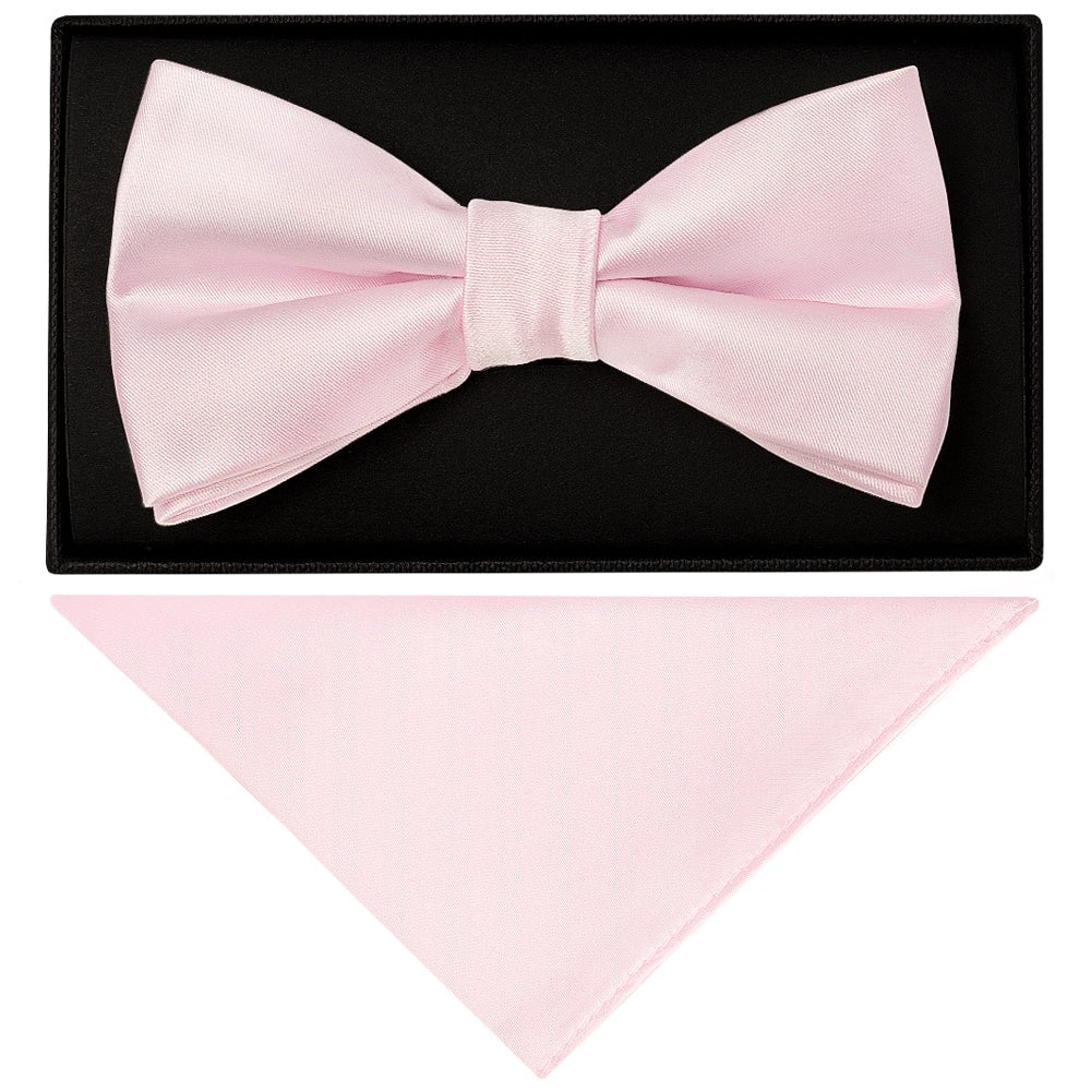 Plain Blush Pink Handmade Mens Bow Tie and Pocket Square Set