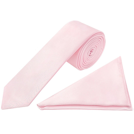 Plain Blush Pink Satin Skinny Boys Tie and Pocket Square Set