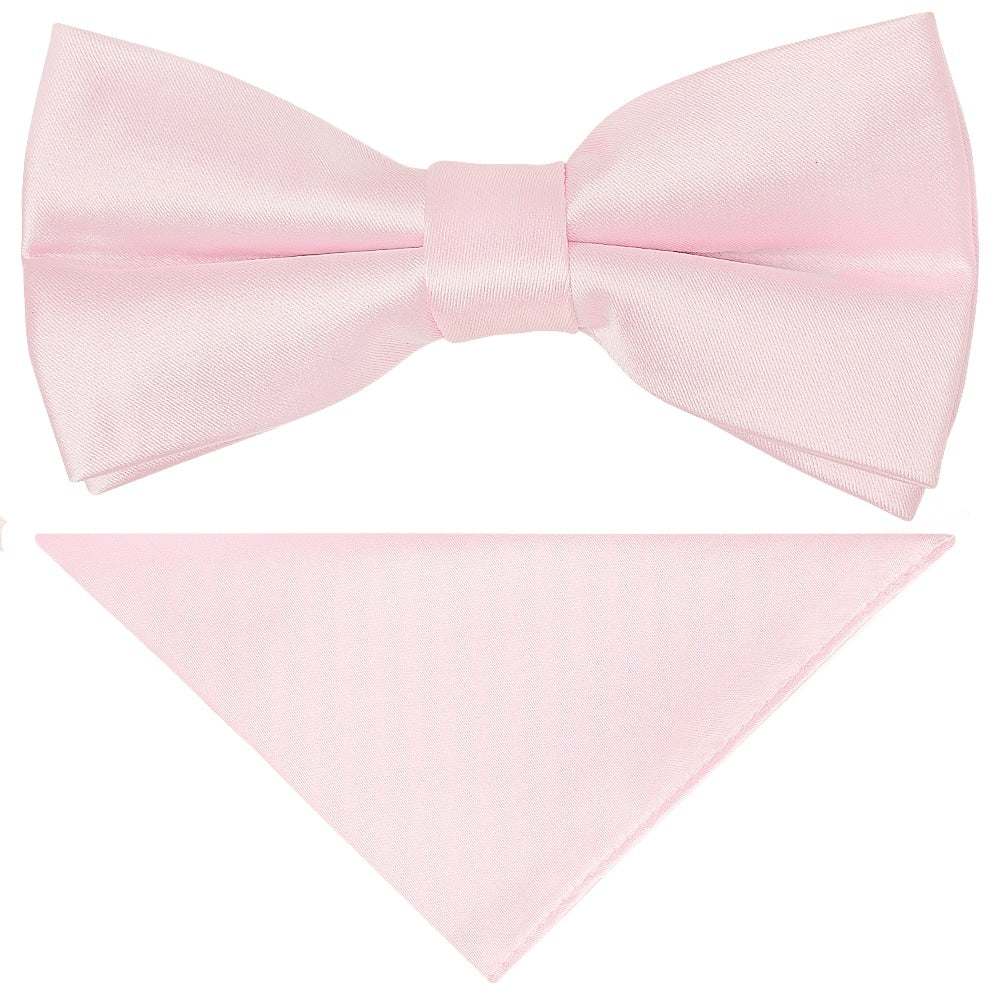 Pre Tied Blush Pink Satin Boys Bow Tie And Pocket Square Set 1