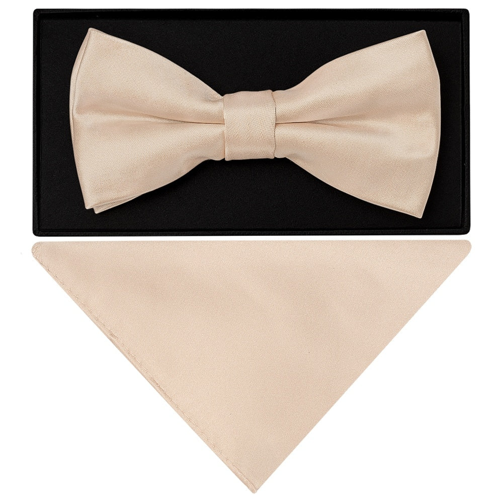 Plain Nude Satin Mens Bow Tie And Pocket Square Set 1