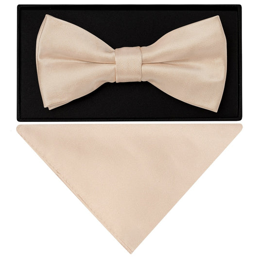 Plain Nude Satin Mens Bow Tie And Pocket Square Set 1