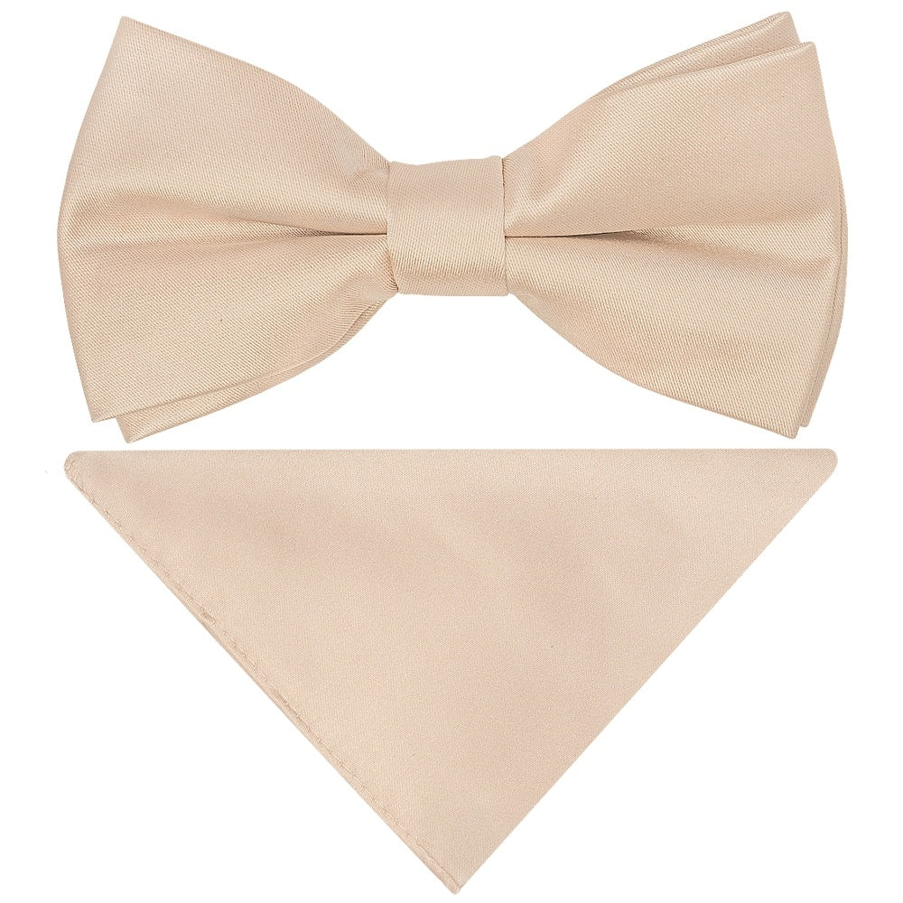 Pre Tied Nude Satin Boys Bow Tie And Pocket Square Set 1