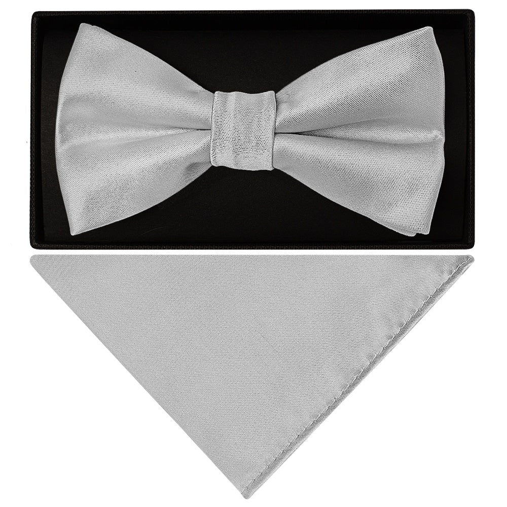 Plain Silver Handmade Mens Bow Tie And Pocket Square Set 1