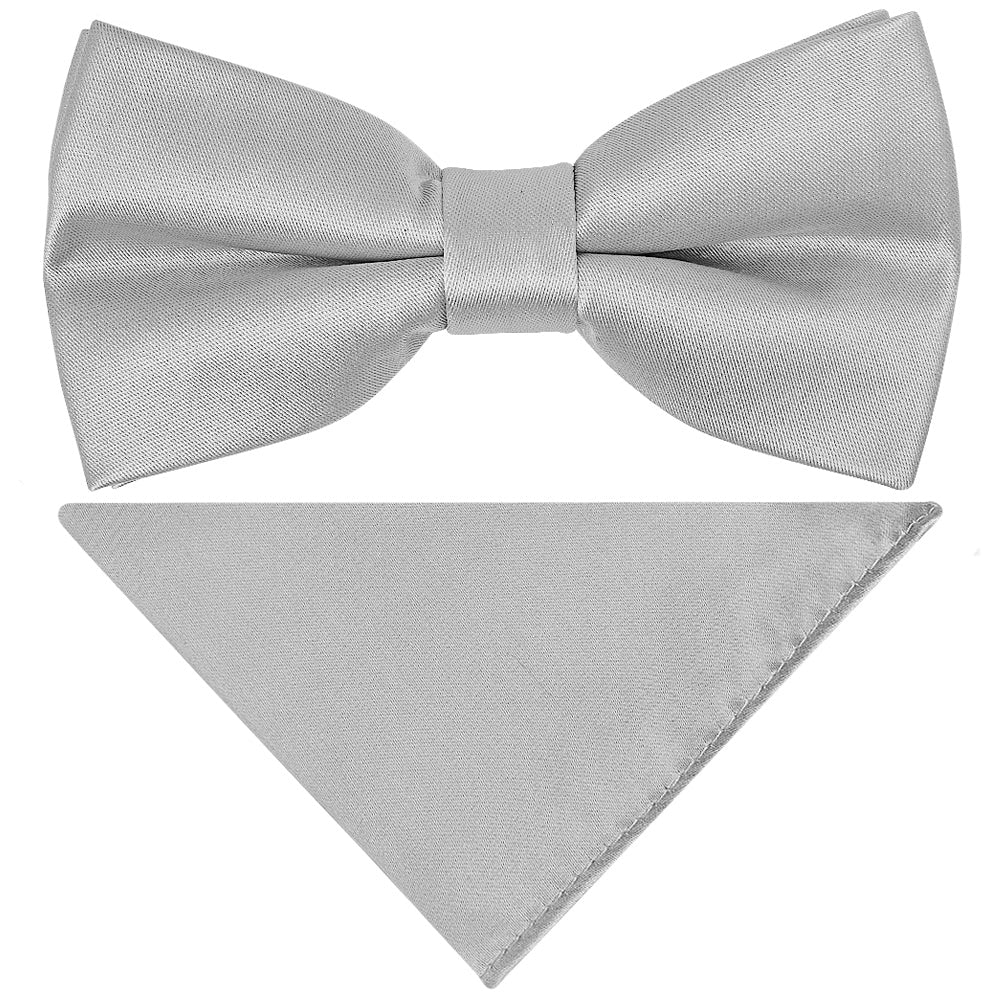 Pre Tied Silver Satin Boys Bow Tie And Pocket Square Set 1