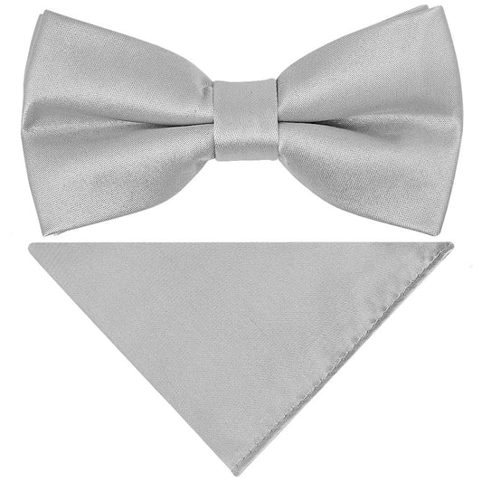 Pre Tied Silver Satin Boys Bow Tie And Pocket Square Set Age 4 7 1
