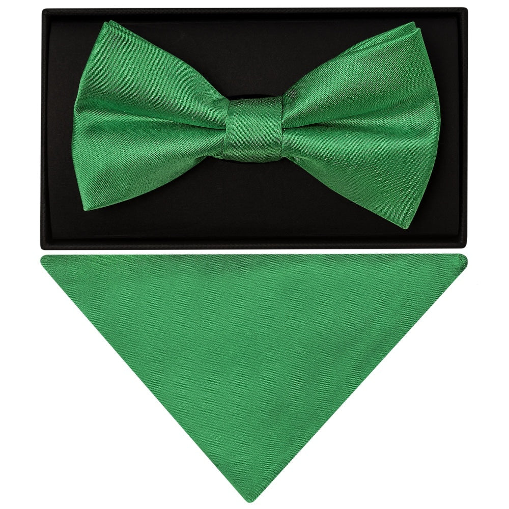 Plain Emerald Green Hand Made Mens Bow Tie And Pocket Square Set 1