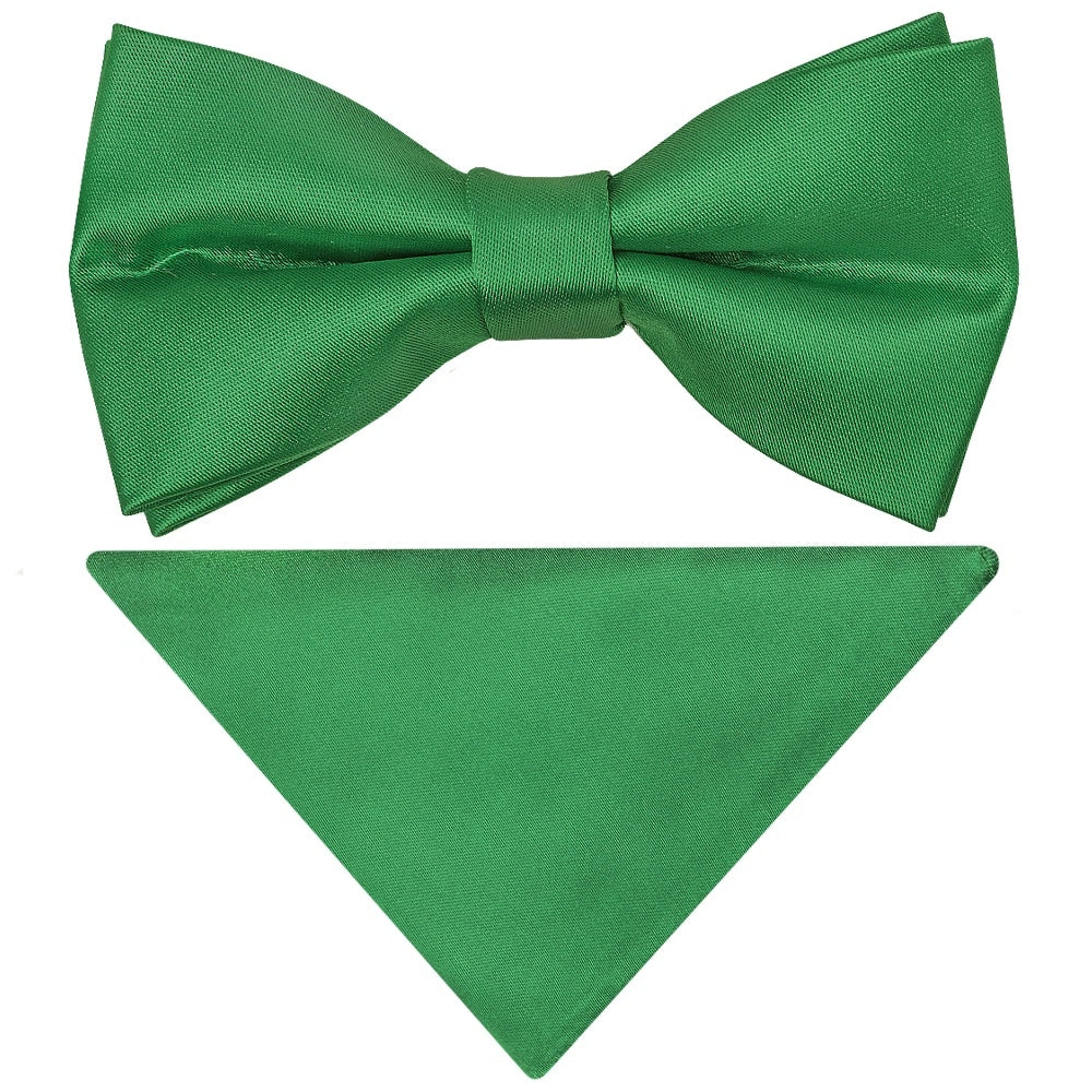 Pre Tied Emerald Green Satin Boys Bow Tie And Pocket Square Set 1