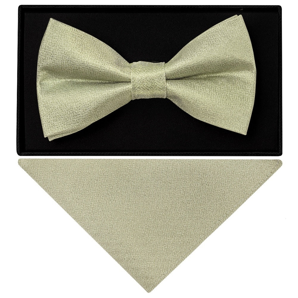 Plain Khaki Green Silk Mens Bow Tie And Pocket Square Set 1