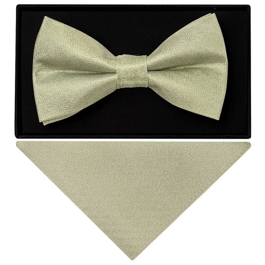 Plain Khaki Green Silk Mens Bow Tie And Pocket Square Set 1
