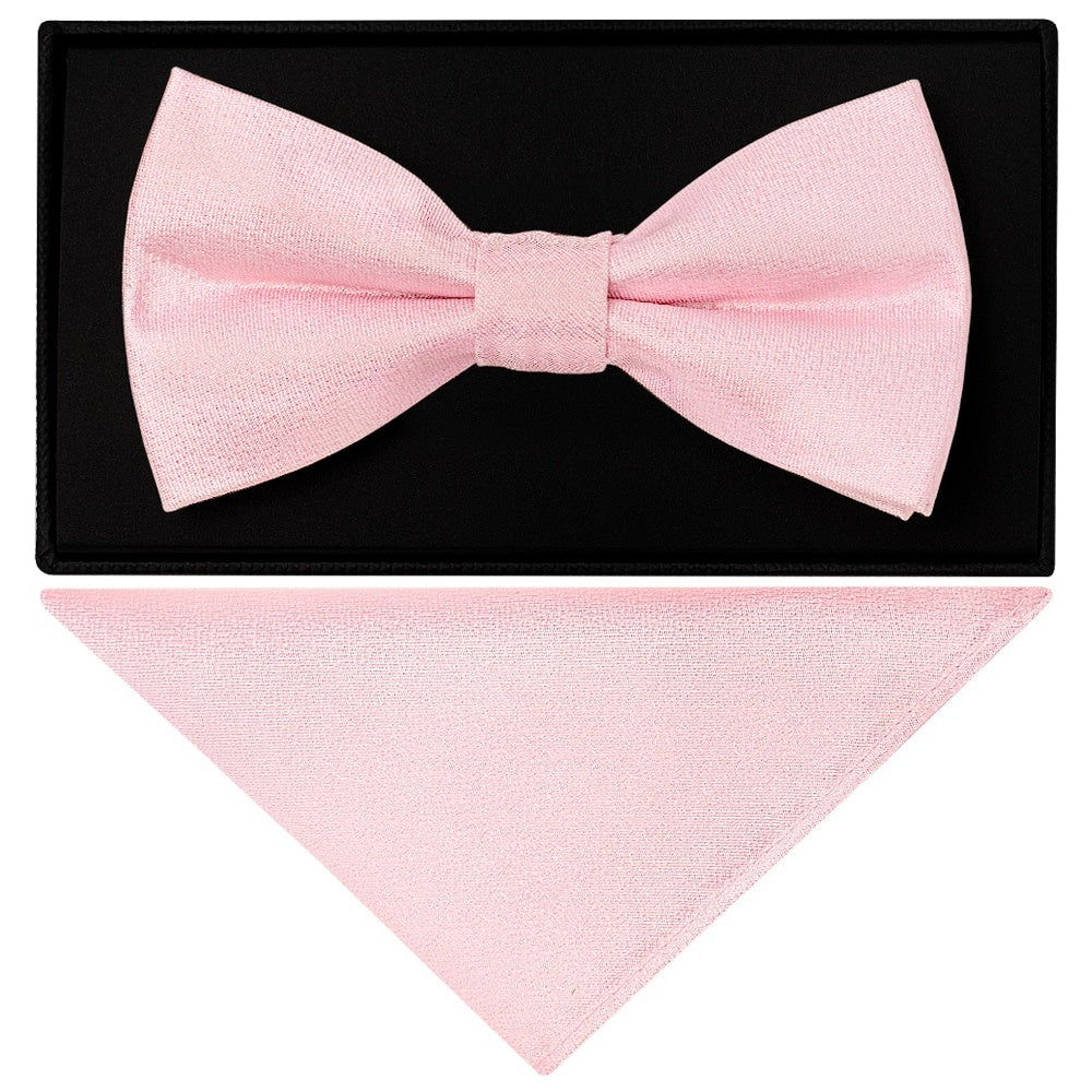 Plain Blush Pink Silk Mens Bow Tie And Pocket Square Set 1