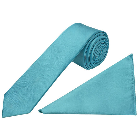 Turquoise Satin Skinny Boys Tie and Pocket Square Set