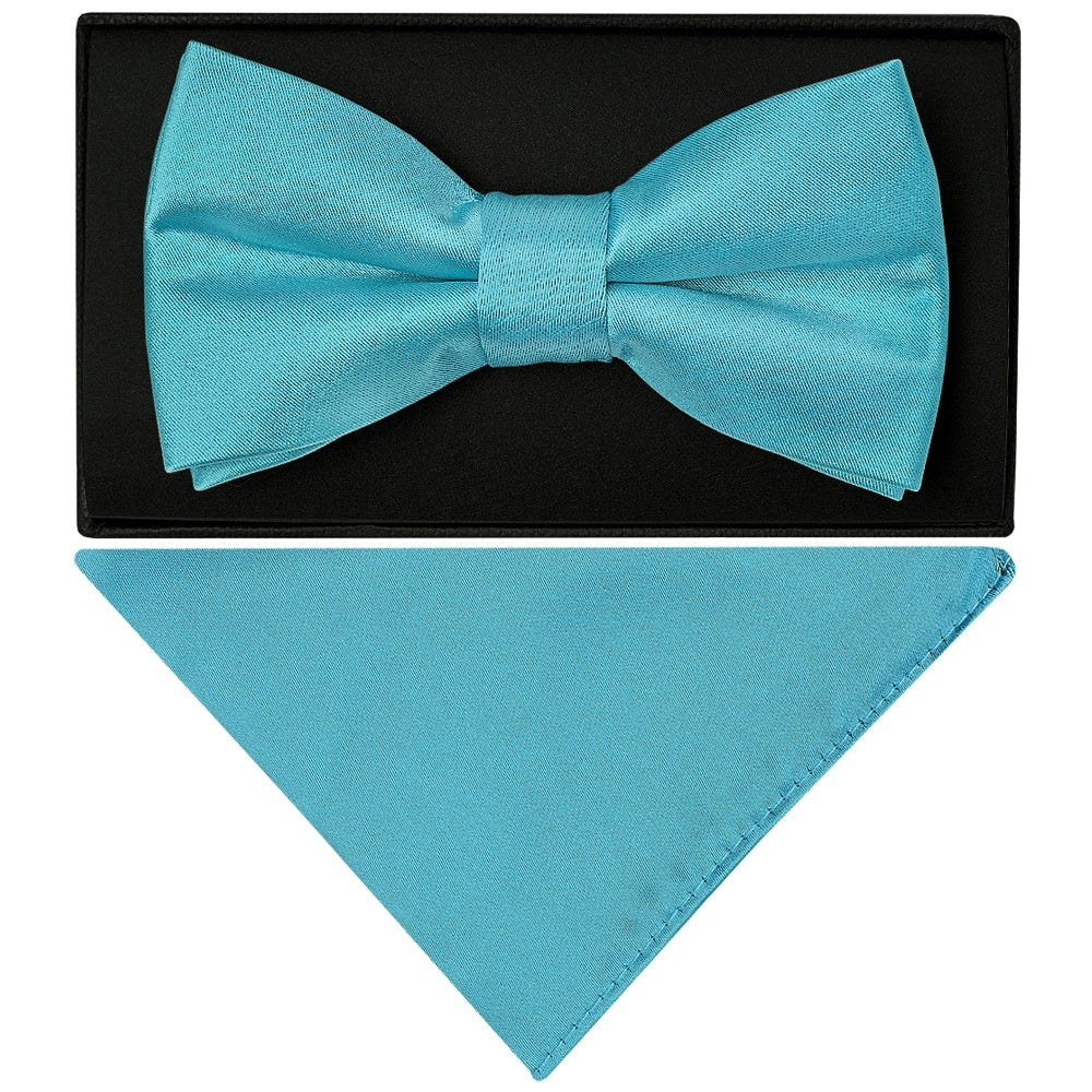 Turquoise Handmade Mens Bow Tie And Pocket Square Set 1