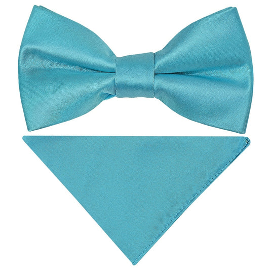 Pre Tied Turquoise Satin Boys Bow Tie And Pocket Square Set 1