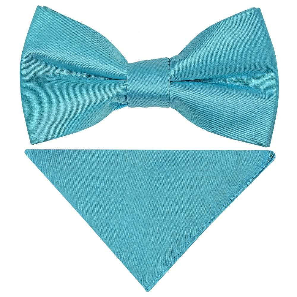 Pre Tied Turquoise Satin Boys Bow Tie And Pocket Square Set Age 4 7 1