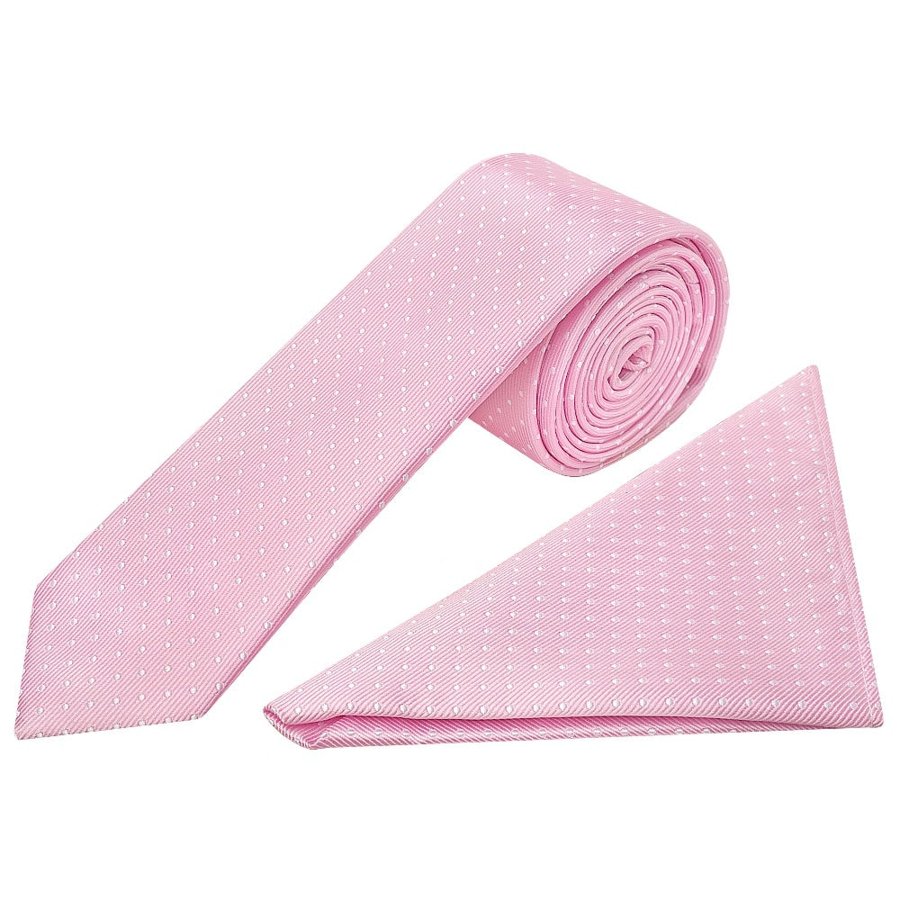 Pink And White Polka Dot Skinny Mens Tie Pocket Square Set 1