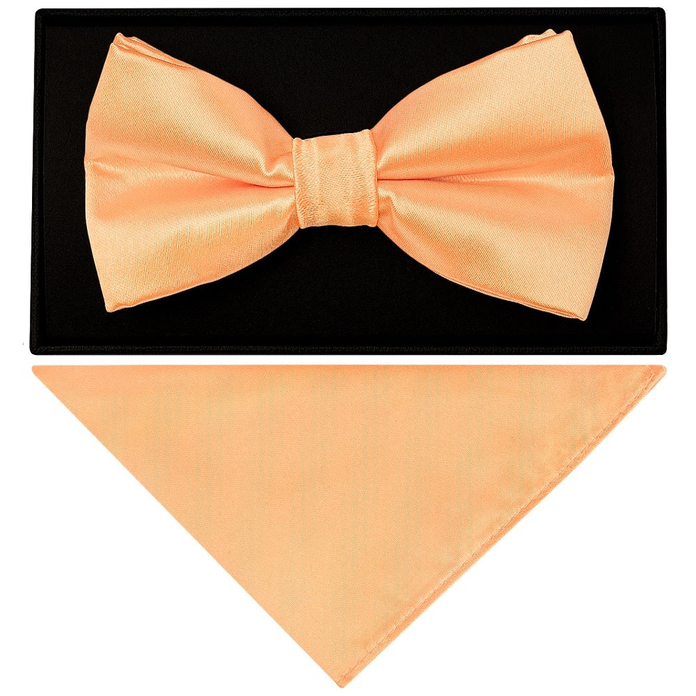 Plain Peach Handmade Mens Bow Tie And Pocket Square Set 1