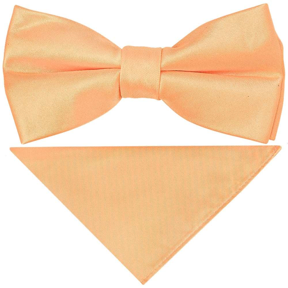 Pre Tied Peach Satin Boys Bow Tie And Pocket Square Set 1