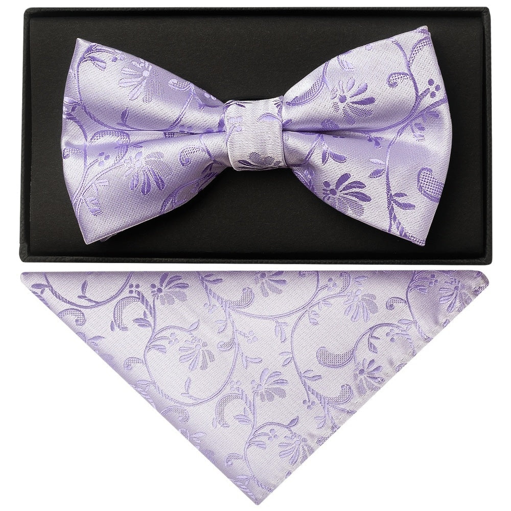 Lavender Floral Handmade Mens Bow Tie And Pocket Square Set 1