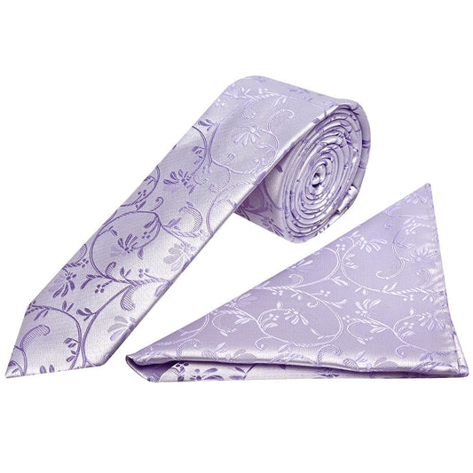 Lavender Floral Skinny Mens Tie And Pocket Square Set 1