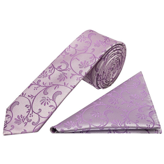 Lilac Floral Skinny Mens Tie And Pocket Square Set 1