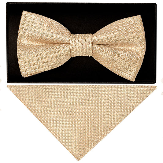 Gold Textured Mens Bow Tie And Pocket Square Set 1