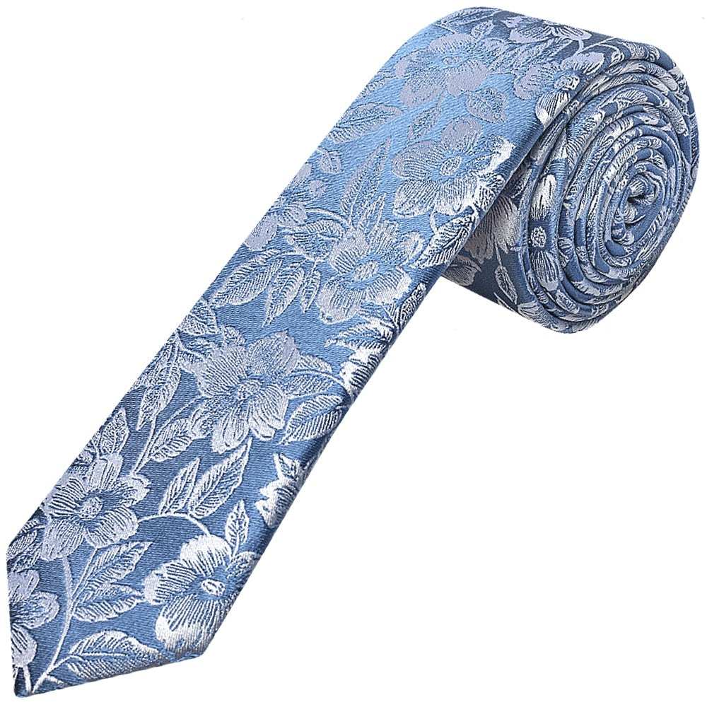 Dusty Blue Floral Silk Skinny Mens Tie 1