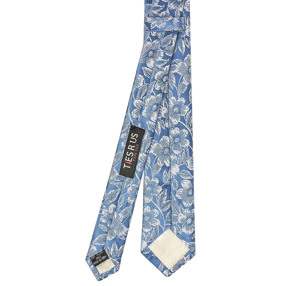 Dusty Blue Floral Silk Skinny Mens Tie 3