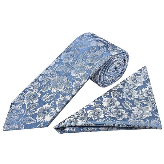 Dusty Blue Floral Silk Classic Mens Tie And Pocket Square Set 1