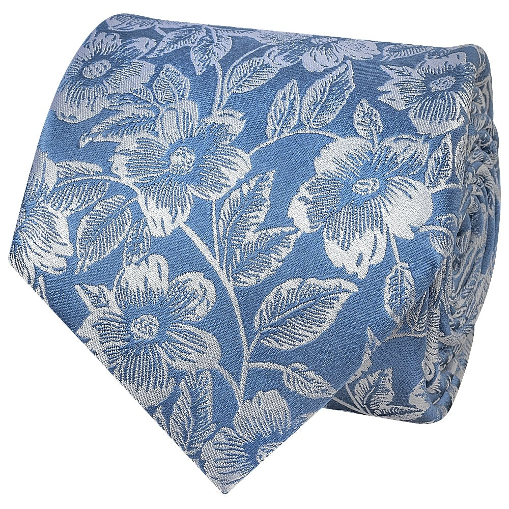 Dusty Blue Floral Silk Classic Mens Tie And Pocket Square Set 3