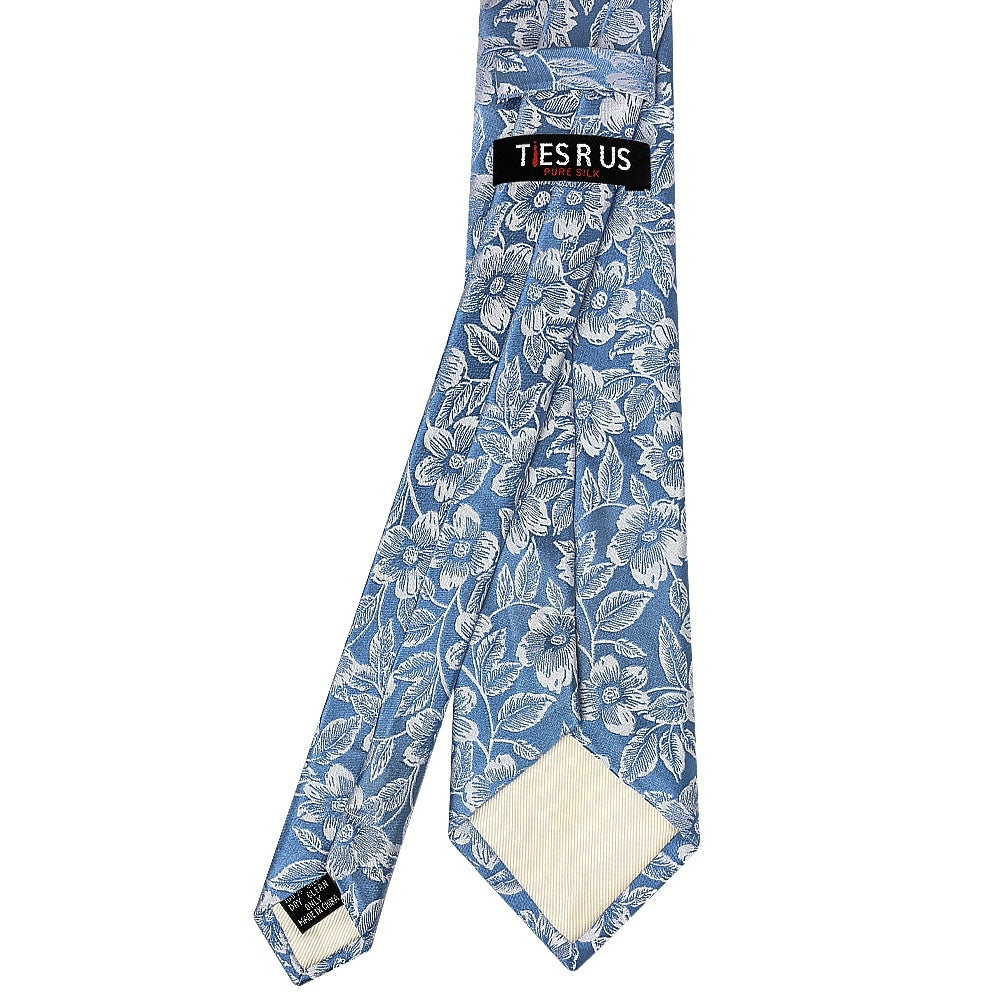 Dusty Blue Floral Silk Classic Mens Tie And Pocket Square Set 4