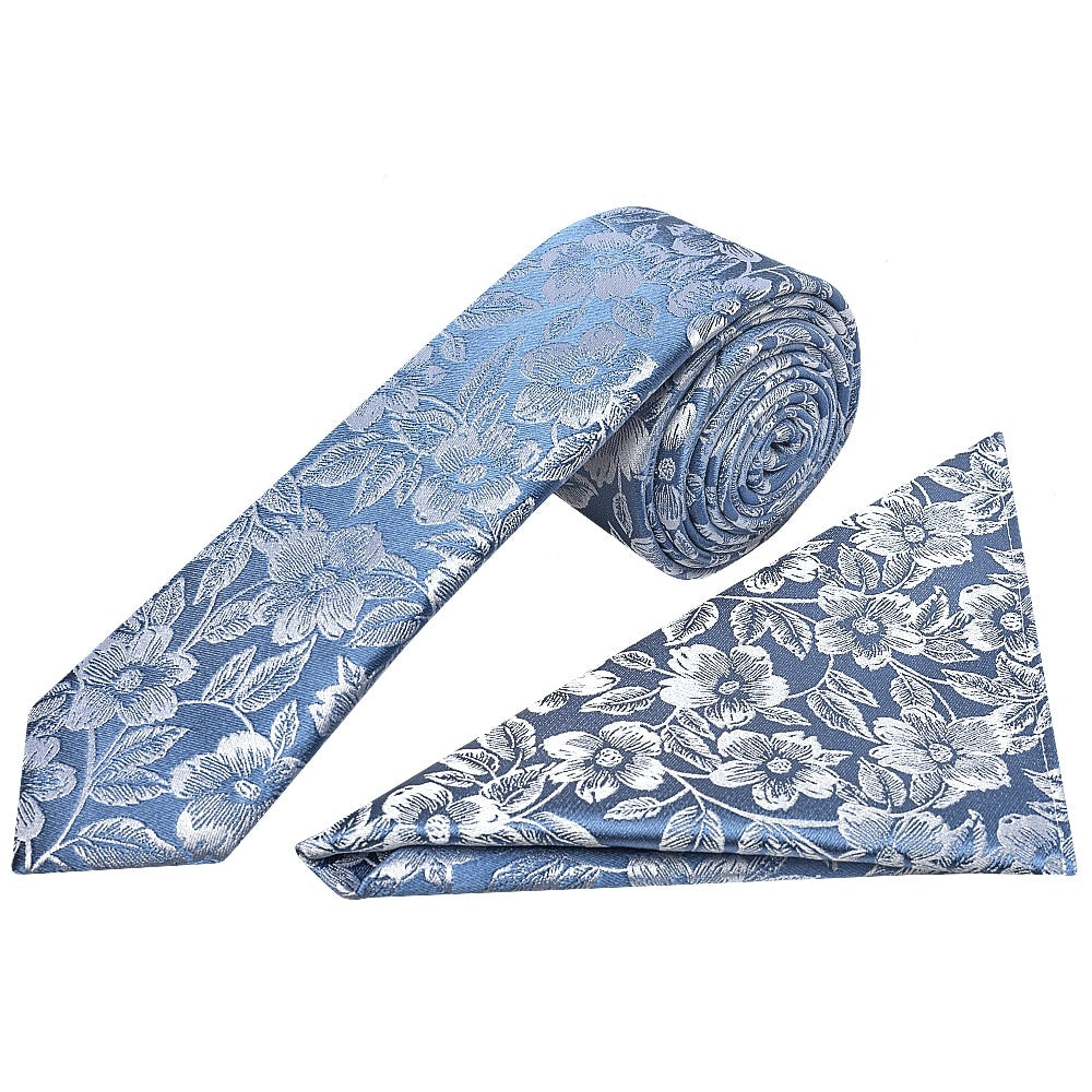 Dusty Blue Floral Silk Skinny Mens Tie And Pocket Square Set 1
