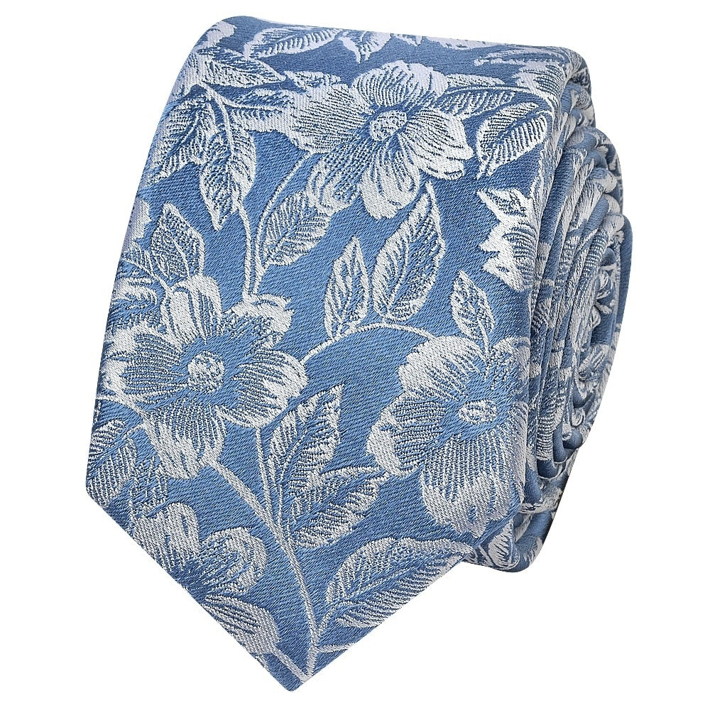 Dusty Blue Floral Silk Skinny Mens Tie And Pocket Square Set 3
