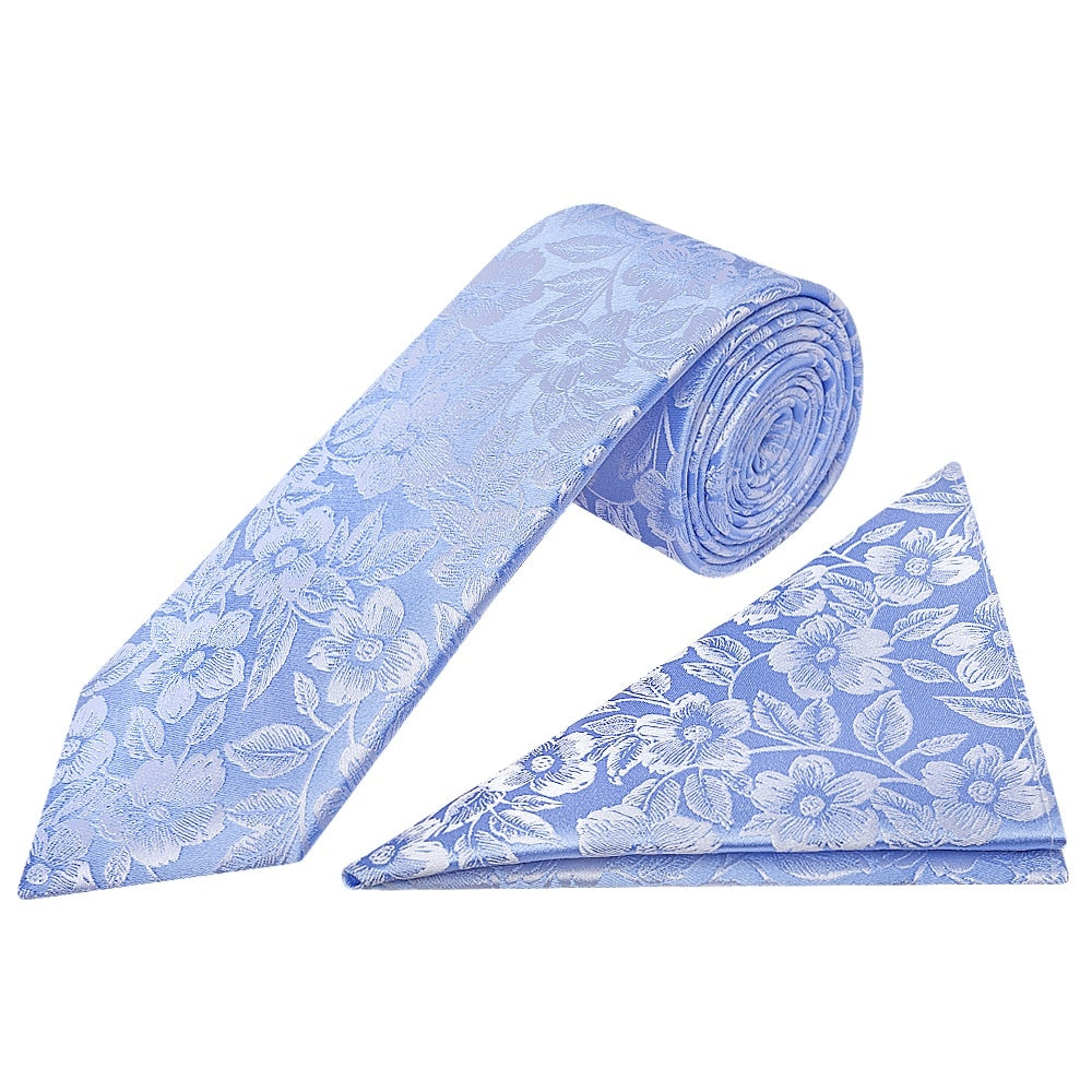 Blue Floral Silk Classic Mens Tie And Pocket Square Set 1
