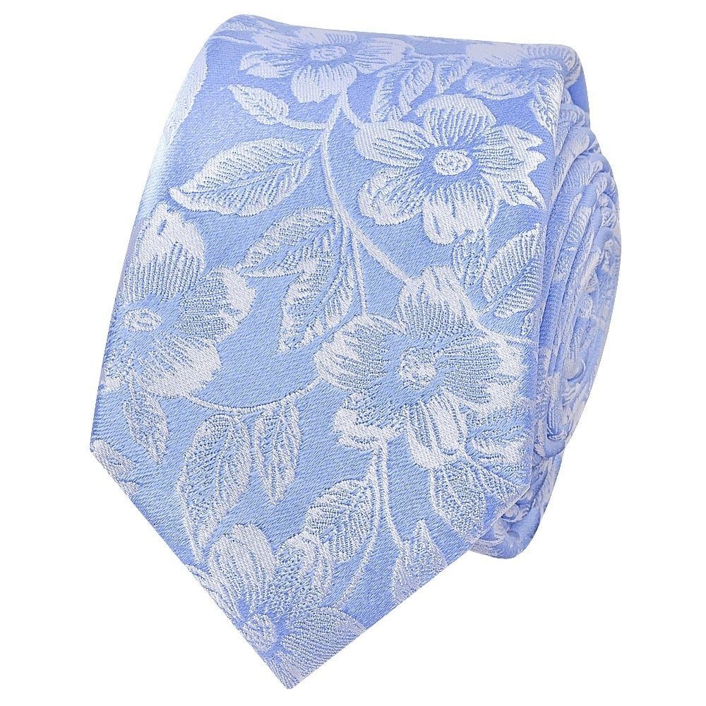 Blue Floral Silk Skinny Mens Tie And Pocket Square Set 3