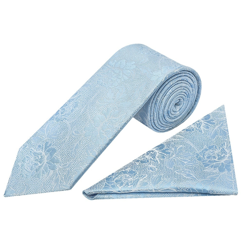 Dusty Blue Flower Classic Mens Tie And Pocket Square Set 1