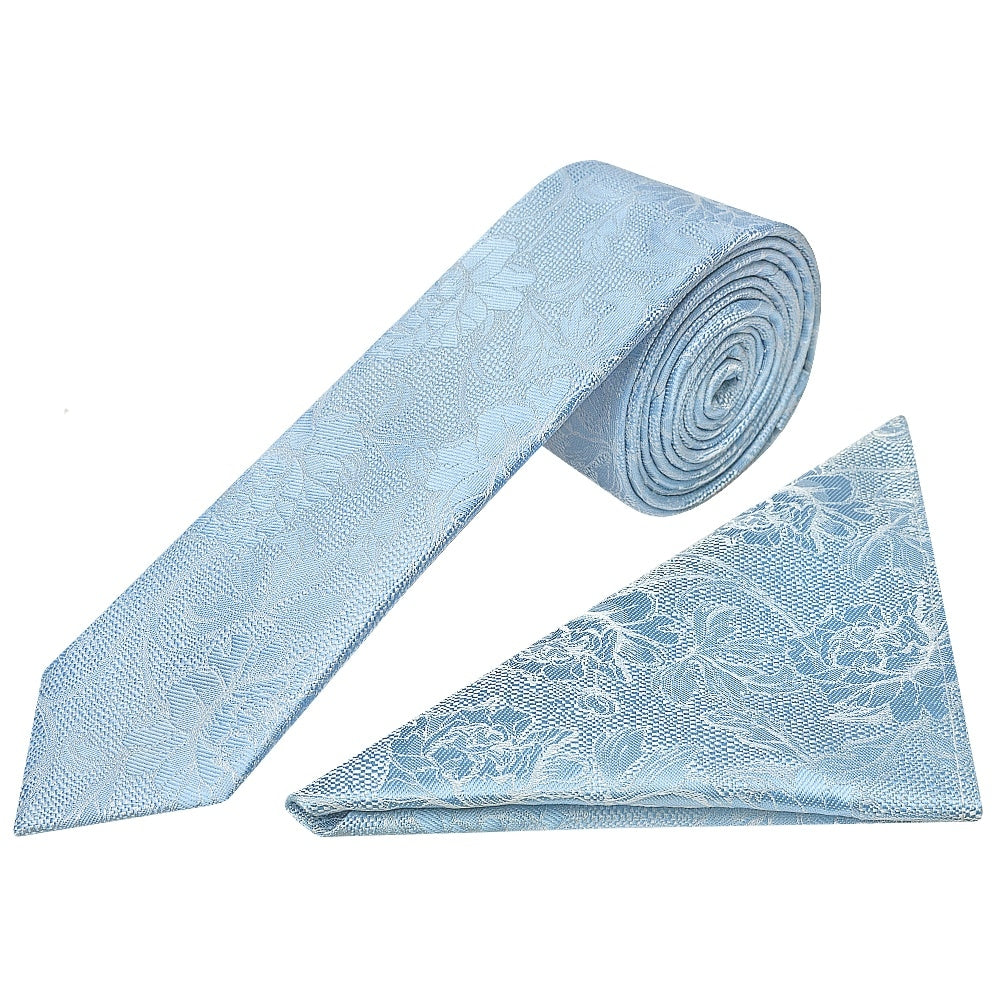 Dusty Blue Flower Skinny Mens Tie And Pocket Square Set 1