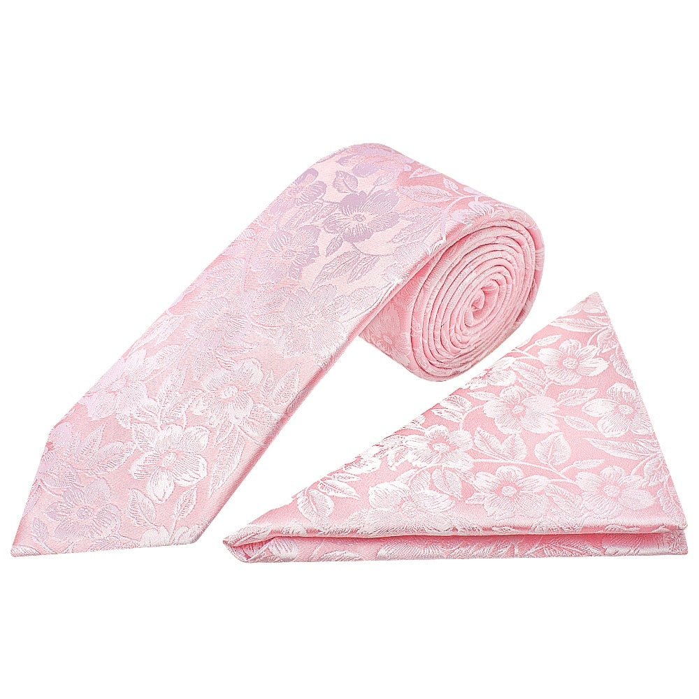 Blush Pink Floral Silk Classic Mens Tie And Pocket Square Set 1
