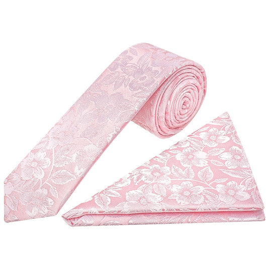 Blush Pink Floral Silk Skinny Mens Tie And Pocket Square Set 1