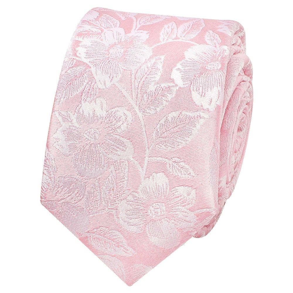 Blush Pink Floral Silk Skinny Mens Tie And Pocket Square Set 3