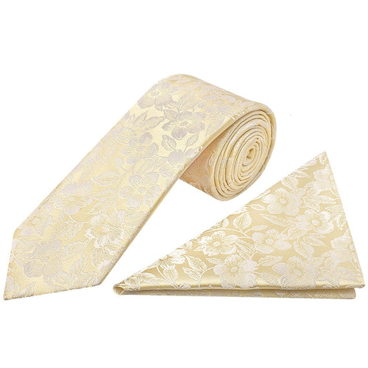 Champagne Floral Silk Classic Mens Tie And Pocket Square Set 1