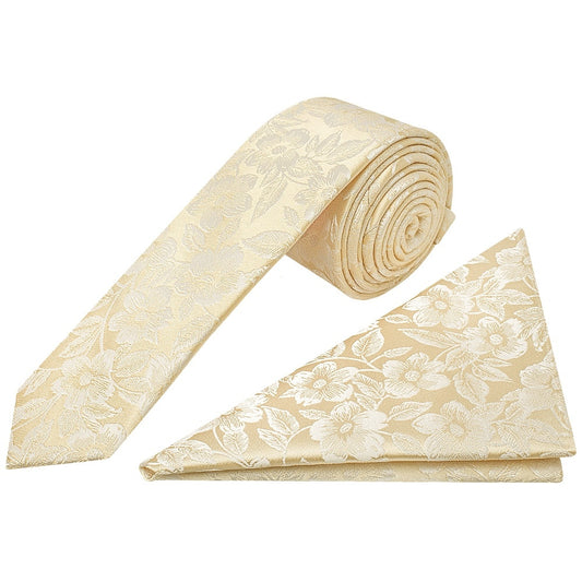 Champagne Floral Silk Skinny Mens Tie And Pocket Square Set 1