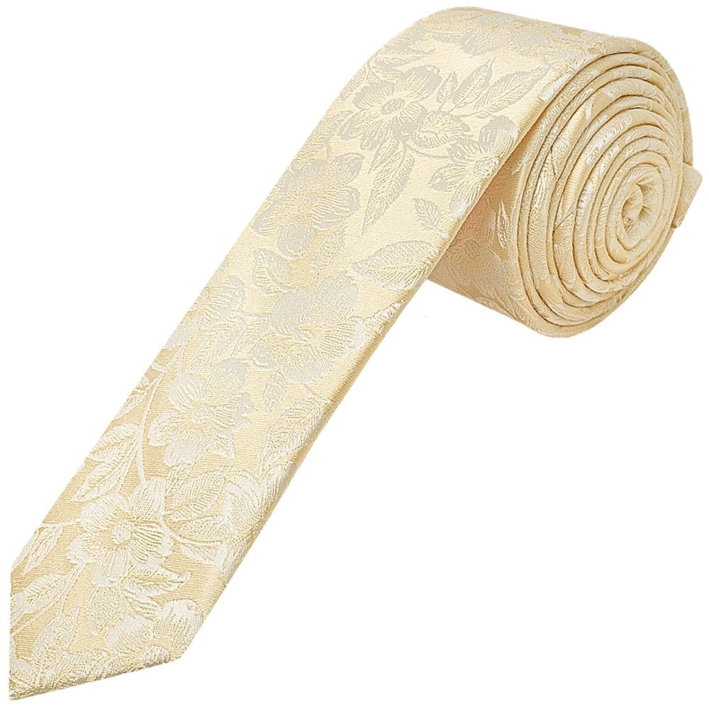 Champagne Floral Silk Skinny Mens Tie And Pocket Square Set 2