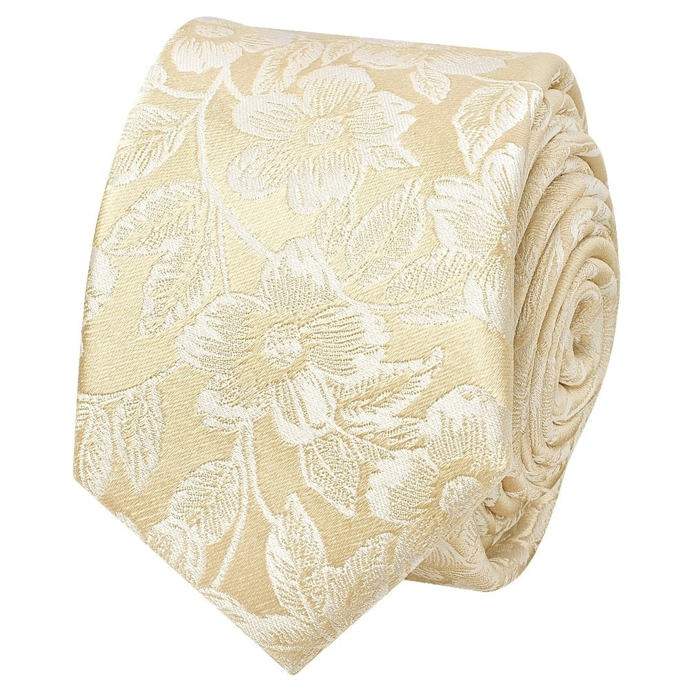 Champagne Floral Silk Skinny Mens Tie And Pocket Square Set 3