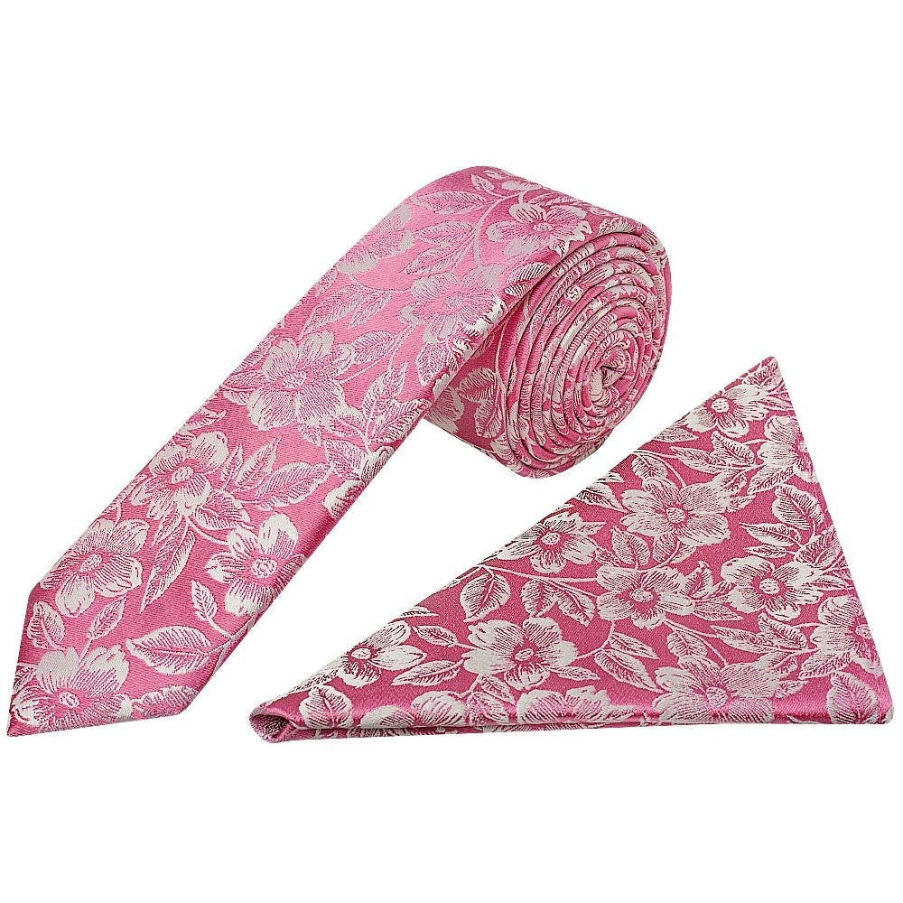 Dusty Pink Floral Silk Skinny Mens Tie And Pocket Square Set 1