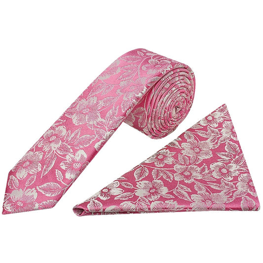 Dusty Pink Floral Silk Skinny Mens Tie And Pocket Square Set 1